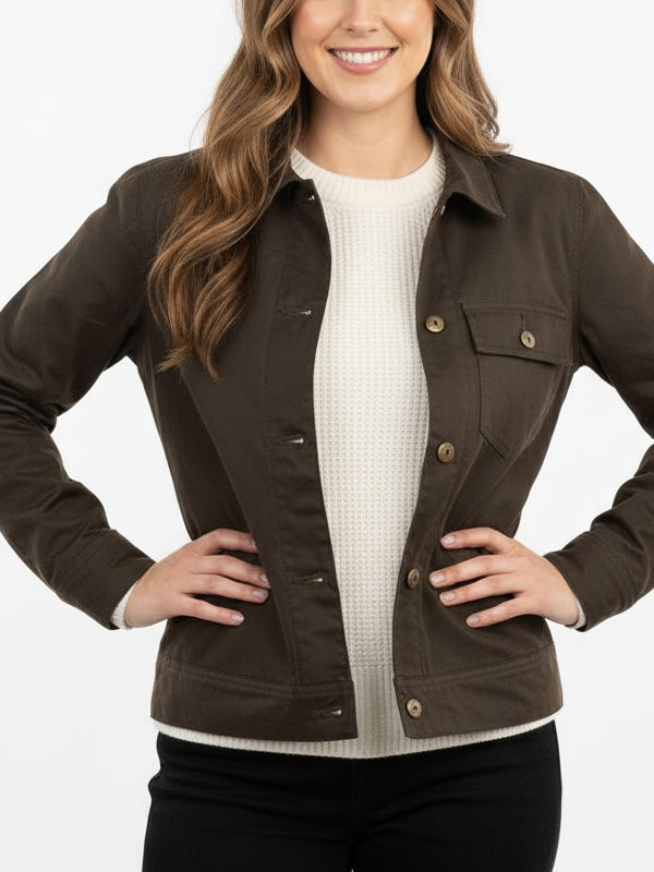 Women's Slim fit Plain Canvas Olive Green Jacket - view 2