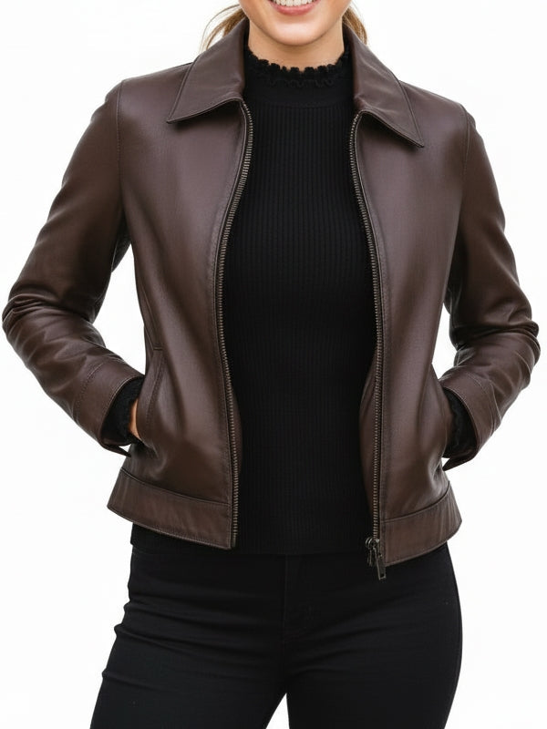 Women's Slim Fit Biker Edition Brown Leather Jacket - view 2