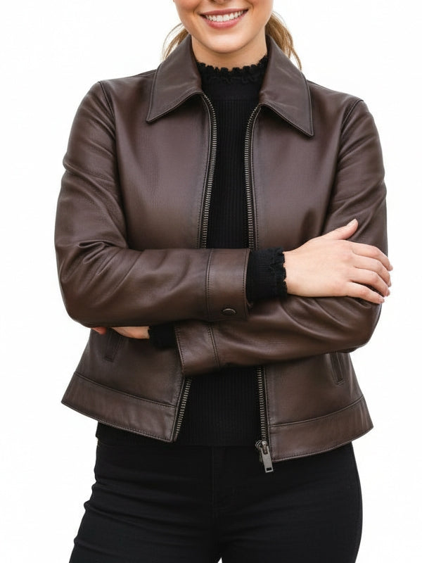 Women's Slim Fit Biker Edition Brown Leather Jacket - view 3