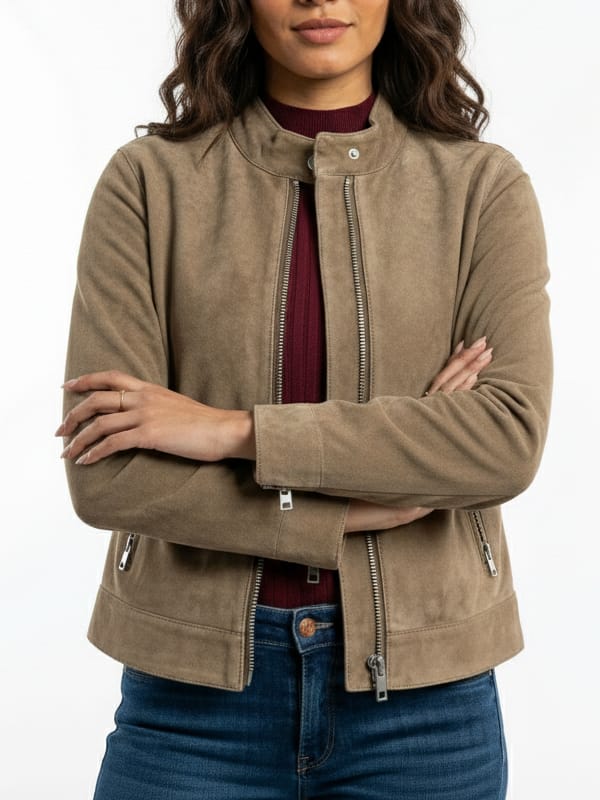 Women's Moto Racer Grey Suede Leather Jacket - view 2