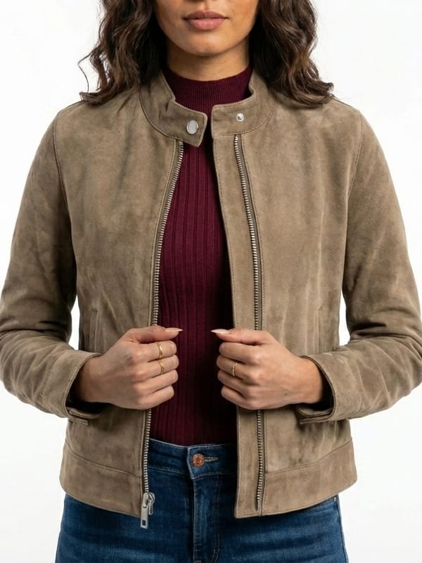 Women's Moto Racer Grey Suede Leather Jacket