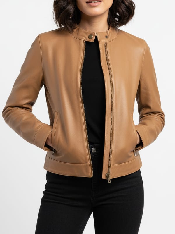 Women's Moto Racer Tan Brown Leather Jacket