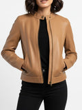 Women's Moto Racer Tan Brown Leather Jacket