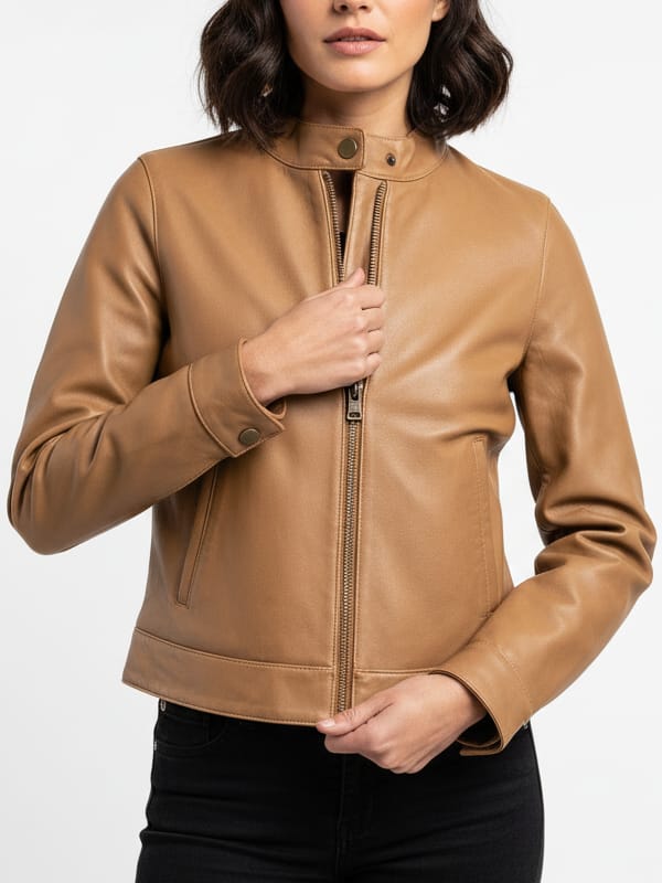 Women's Moto Racer Tan Brown Leather Jacket - view 2