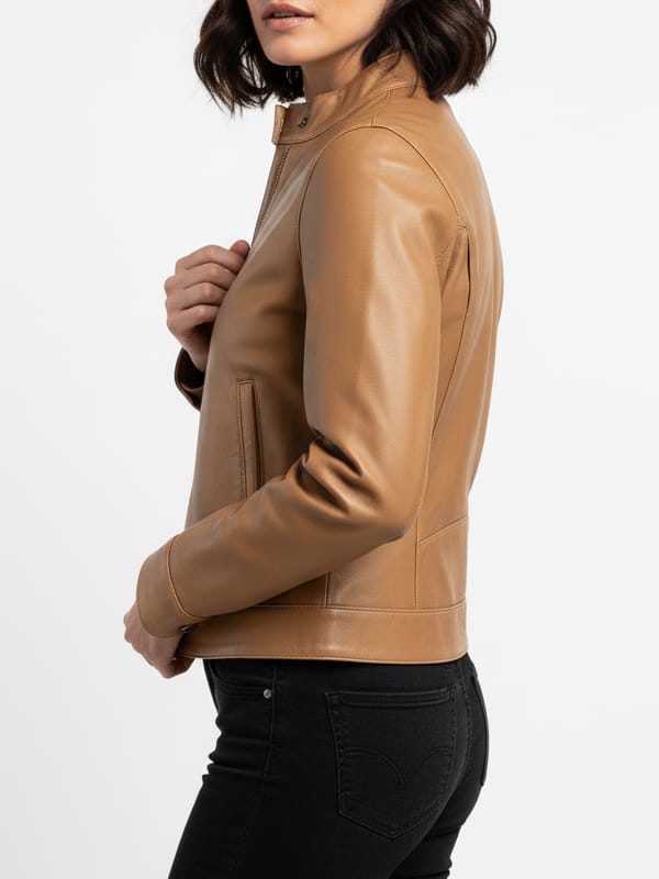 Women's Moto Racer Tan Brown Leather Jacket - view 3