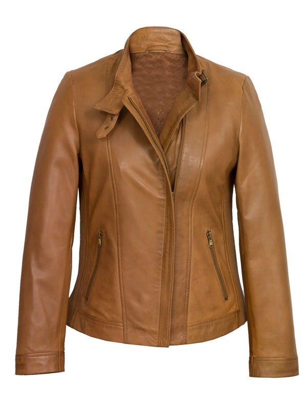 Women’s Biker Camel Brown Leather Jacket