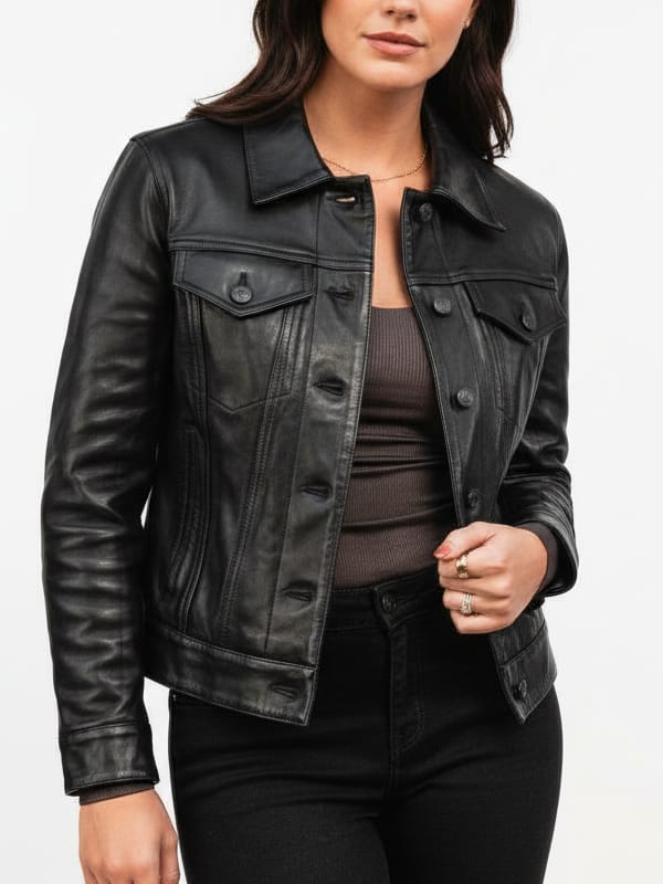 Women's Trucker Black Sheepskin Leather Jacket - view 2