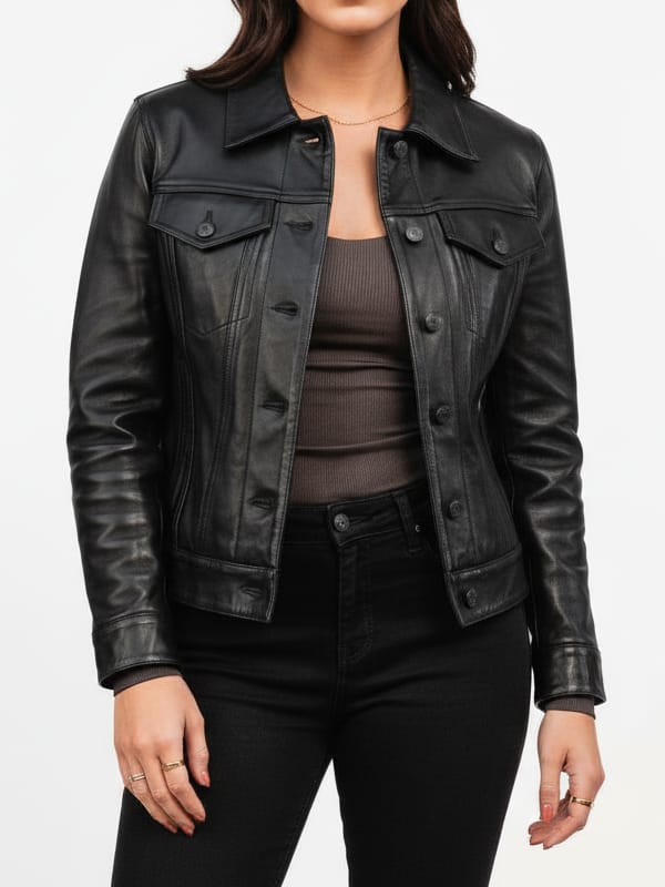 Women's Trucker Black Sheepskin Leather Jacket