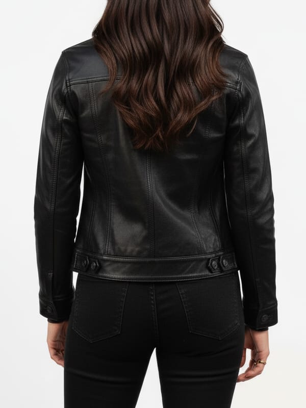 Women's Trucker Black Sheepskin Leather Jacket - view 3