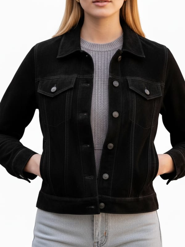 Women's Trucker Black Suede Leather Jacket - view 2