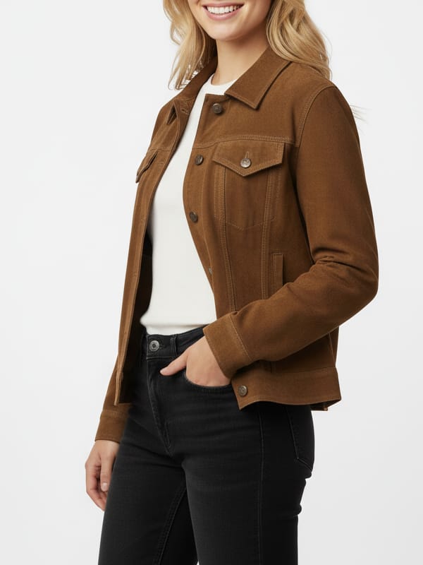 Women's Trucker Camel Brown Suede Leather Jacket - view 2